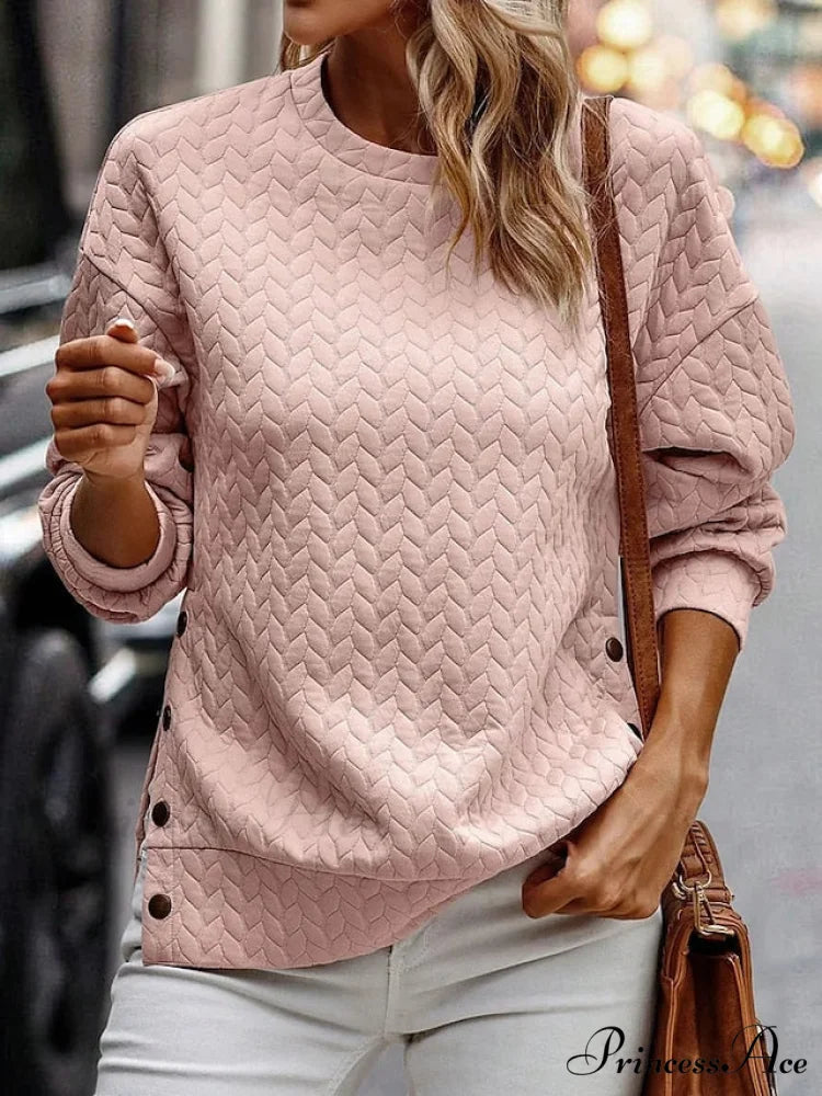 Long Women’s Arm Round Color Solid Sweatshirt Pink Casual Neck Pullover Top Pink / S
