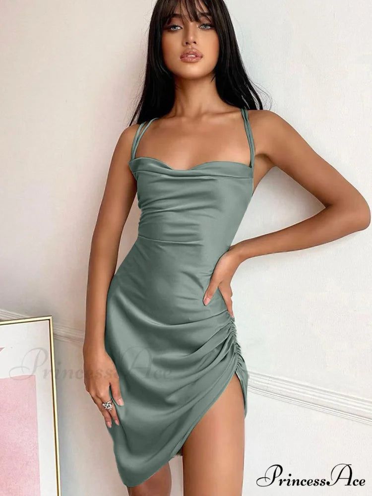 Look At Her Charming Wow Satin Mini Dress Dark green / S