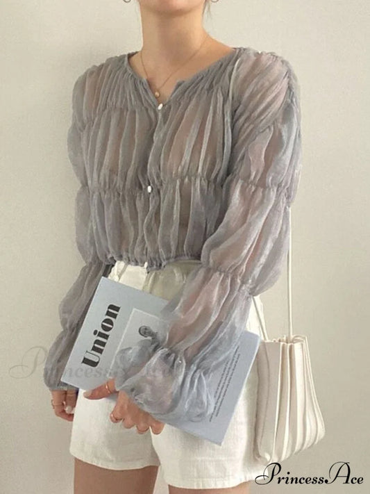 Loose Blouse Blusas Long Blouse Women Arm Perspective Tops Chiffon Folds Fashion Korean Casual Folded Warm-Season Mujer