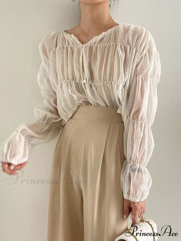 Loose Blouse Blusas Long Blouse Women Arm Perspective Tops Chiffon Folds Fashion Korean Casual Folded Warm-Season Mujer