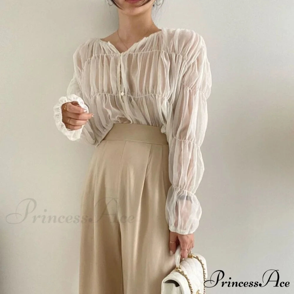Loose Blouse Blusas Long Blouse Women Arm Perspective Tops Chiffon Folds Fashion Korean Casual Folded Warm-Season Mujer