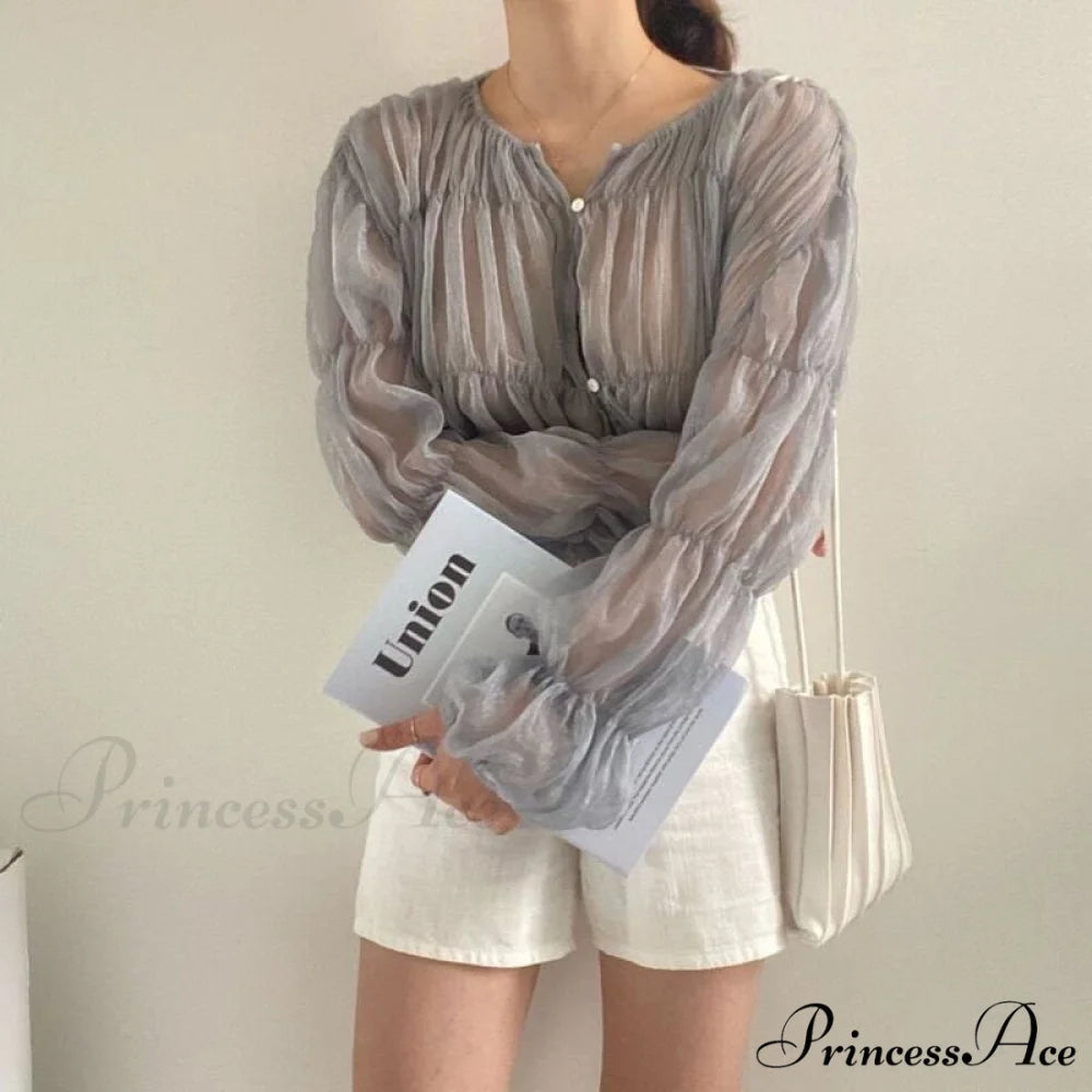 Loose Blouse Blusas Long Blouse Women Arm Perspective Tops Chiffon Folds Fashion Korean Casual Folded Warm-Season Mujer