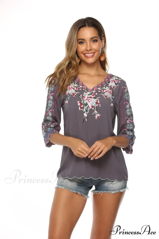 Loose Casual Cotton Floral Embroidery Boho Blouse Grey / S bohoblouse-250126