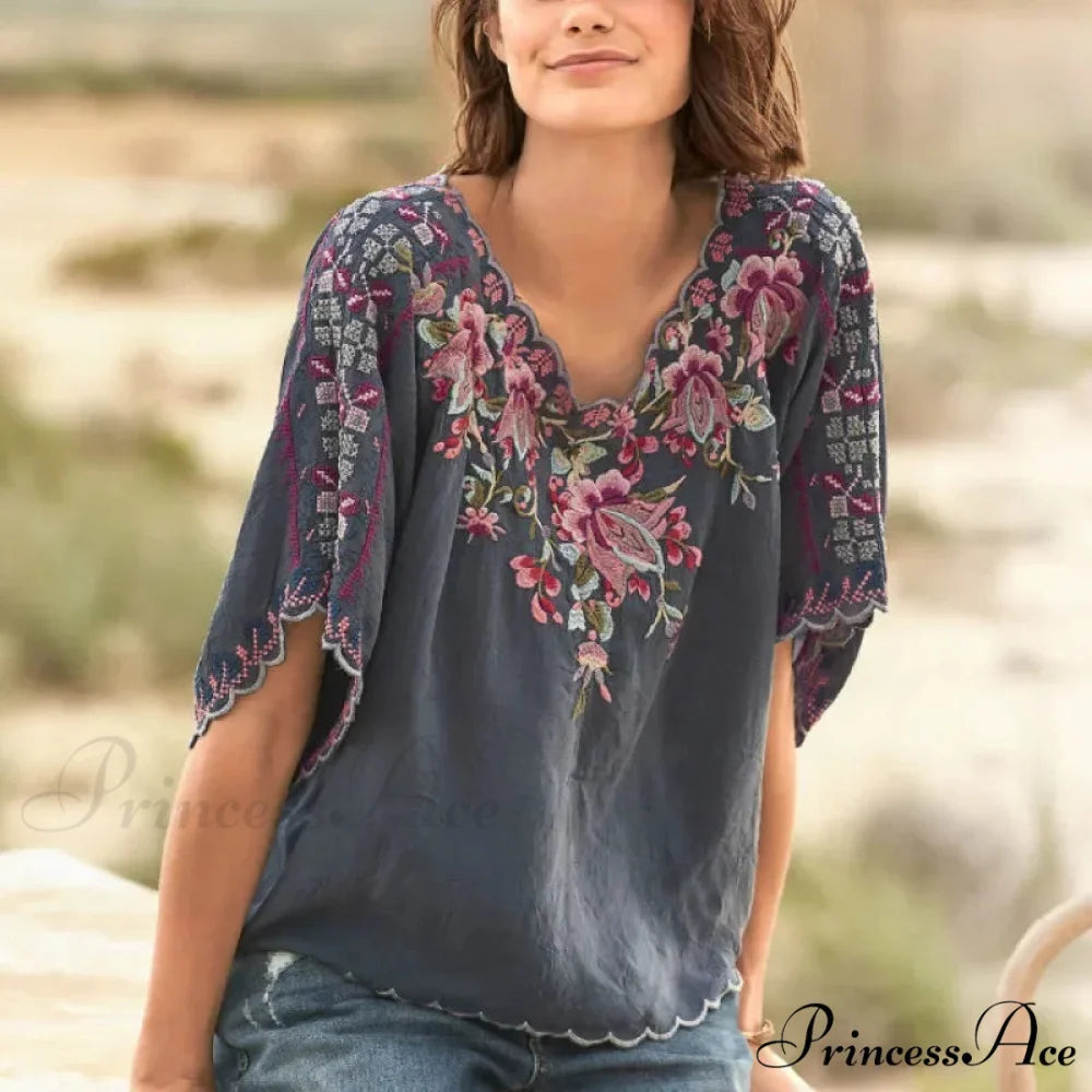 Loose Casual Cotton Floral Embroidery Boho Blouse navy / S bohoblouse-250126