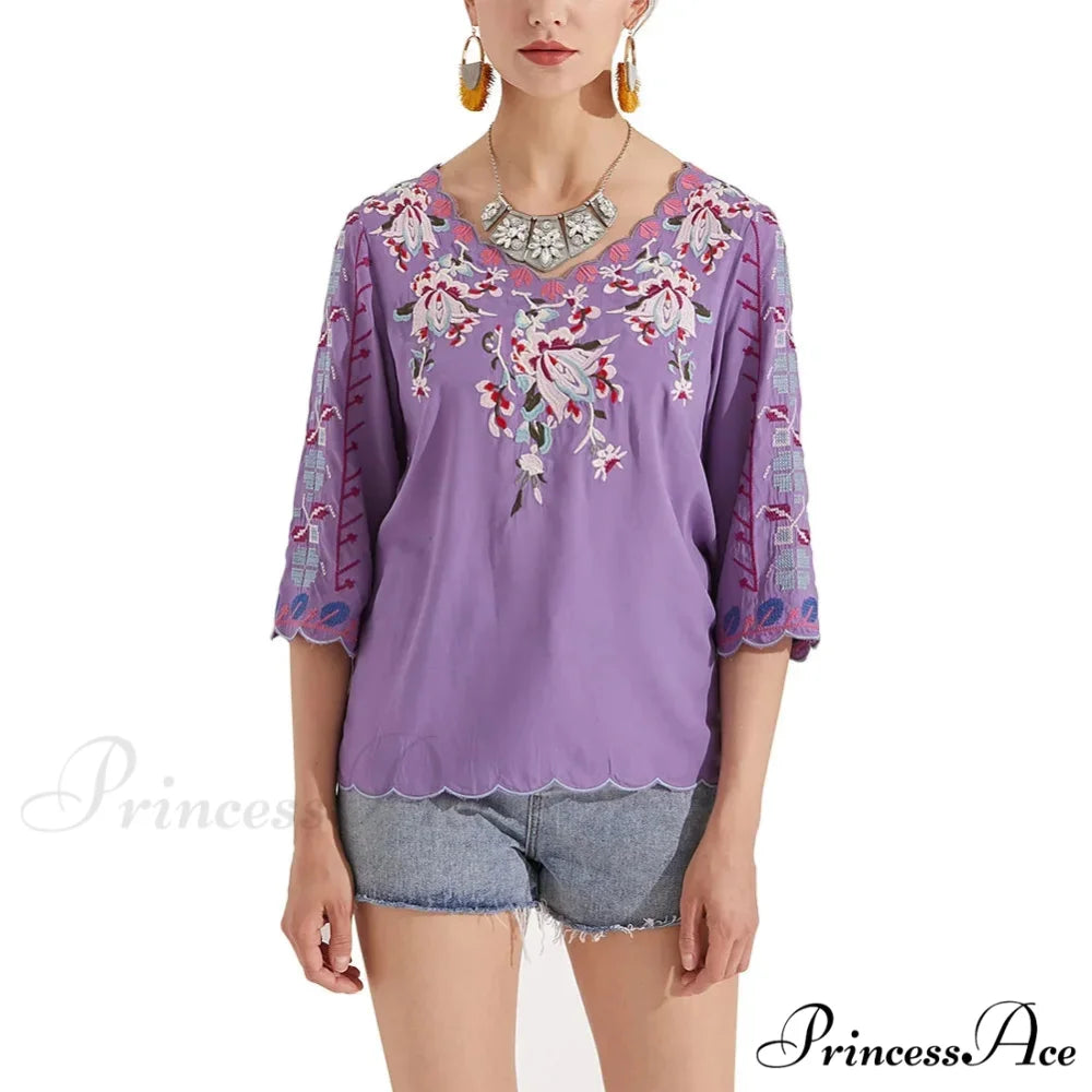 Loose Casual Cotton Floral Embroidery Boho Blouse Purple / S bohoblouse-250126