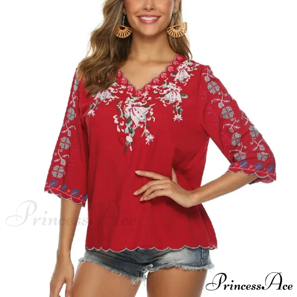 Loose Casual Cotton Floral Embroidery Boho Blouse Red / S bohoblouse-250126