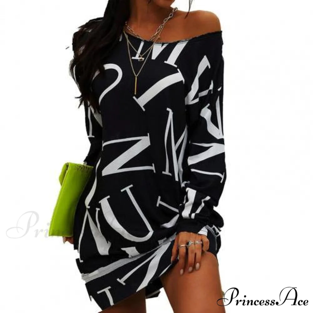 Loose Casual Streetwear Long Sleeve O Neck Dress Black / 2XL