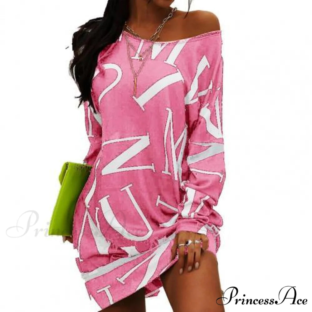 Loose Casual Streetwear Long Sleeve O Neck Dress Pink / 2XL
