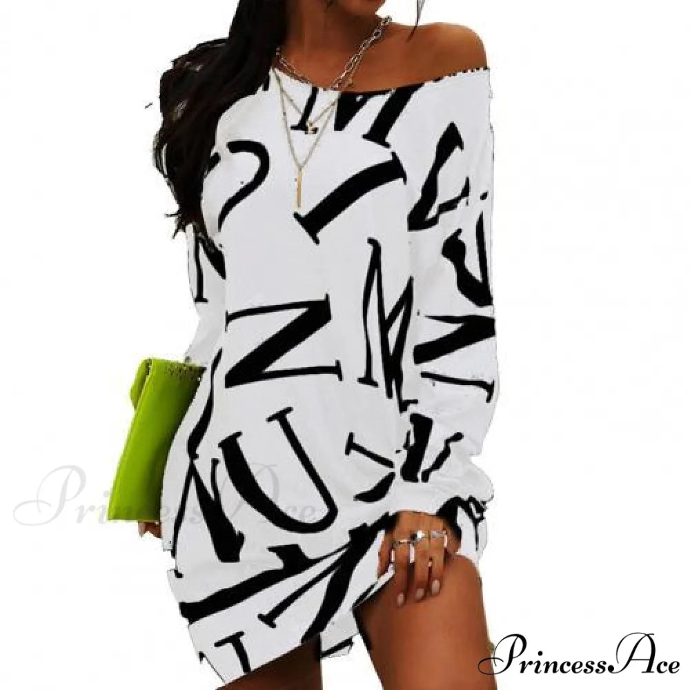 Loose Casual Streetwear Long Sleeve O Neck Dress white / 2XL