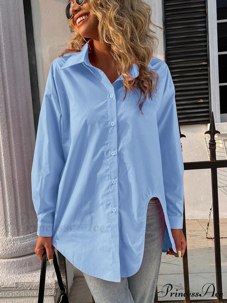 Loose Collared Informal Solid Blouse Blue / M blouse-250126