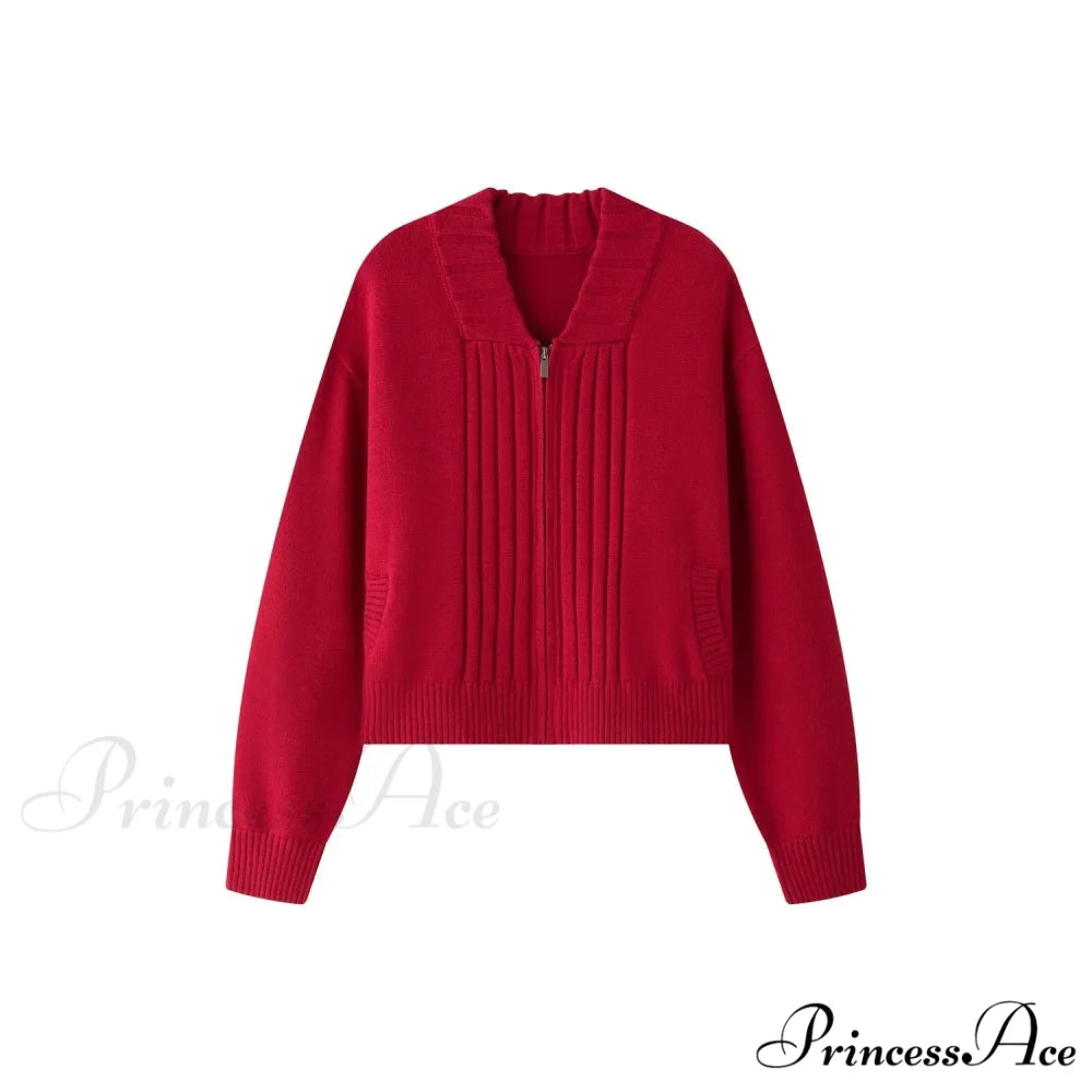 Loose Comfortable Wide Striped Cardigan Zipper Knitting Christmas Sweater Red / One Size