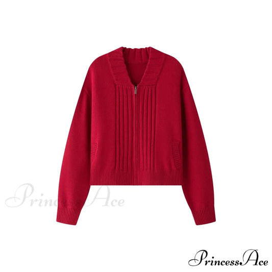 Loose Comfortable Wide Striped Cardigan Zipper Knitting Christmas Sweater Red / One Size
