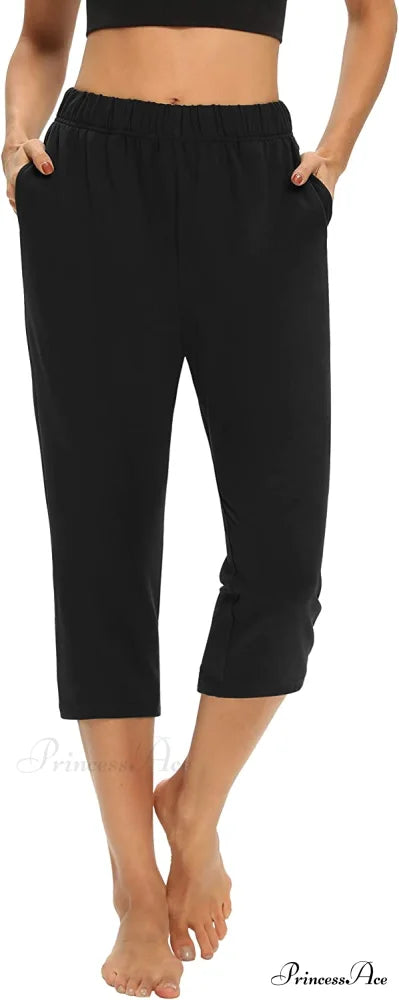 Loose Comfy Yoga Pants Workout Athletic Capri Pants Black / Small