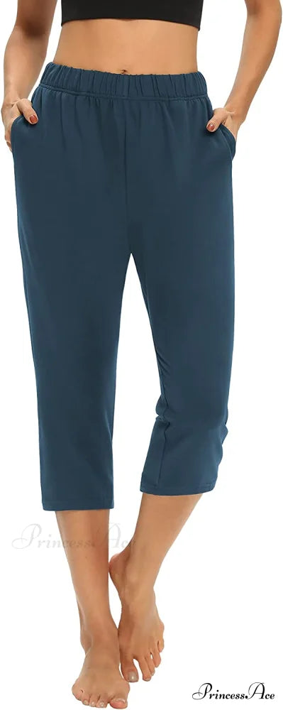 Loose Comfy Yoga Pants Workout Athletic Capri Pants Blue / Small