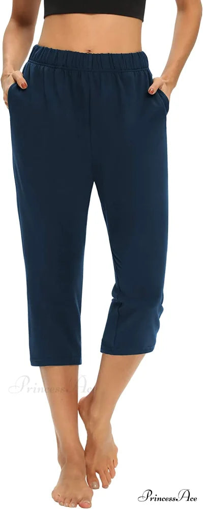 Loose Comfy Yoga Pants Workout Athletic Capri Pants Navy / Small