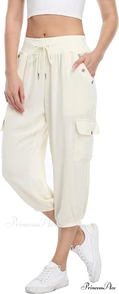 Loose Cropped Capris Cargo Joggers Pants Harem Sweatpants Beige / X-Small