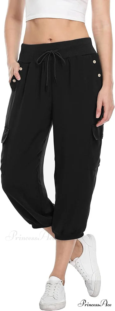 Loose Cropped Capris Cargo Joggers Pants Harem Sweatpants Black / X-Small