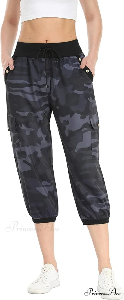 Loose Cropped Capris Cargo Joggers Pants Harem Sweatpants Camo Black / XX-Large