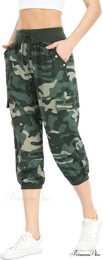 Loose Cropped Capris Cargo Joggers Pants Harem Sweatpants Camo Green / X-Small
