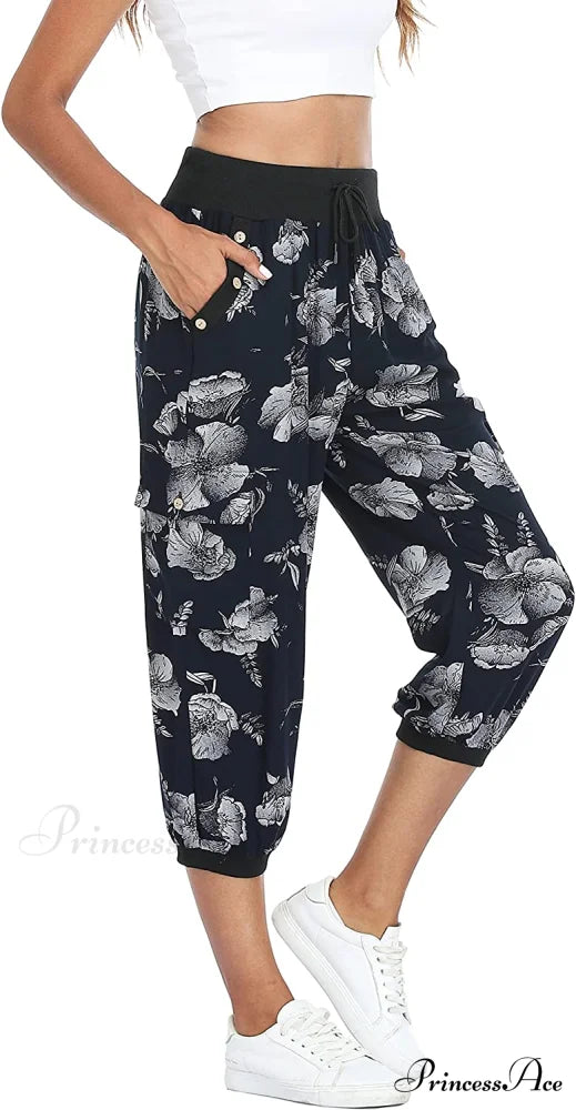 Loose Cropped Capris Cargo Joggers Pants Harem Sweatpants Floral Print-1 / X-Small