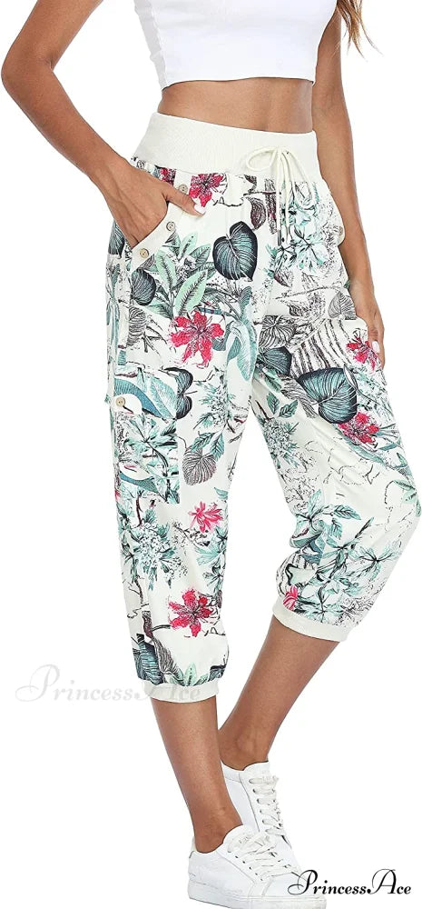Loose Cropped Capris Cargo Joggers Pants Harem Sweatpants Floral Print-3 / X-Small
