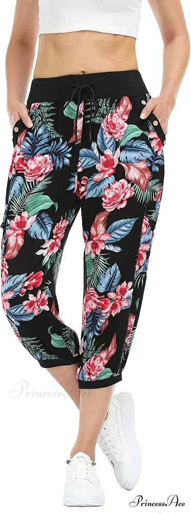 Loose Cropped Capris Cargo Joggers Pants Harem Sweatpants Floral Print-4 / X-Small