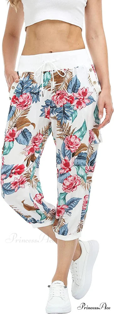 Loose Cropped Capris Cargo Joggers Pants Harem Sweatpants Floral Print-5 / X-Small