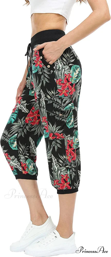 Loose Cropped Capris Cargo Joggers Pants Harem Sweatpants Floral Print-6 / X-Small