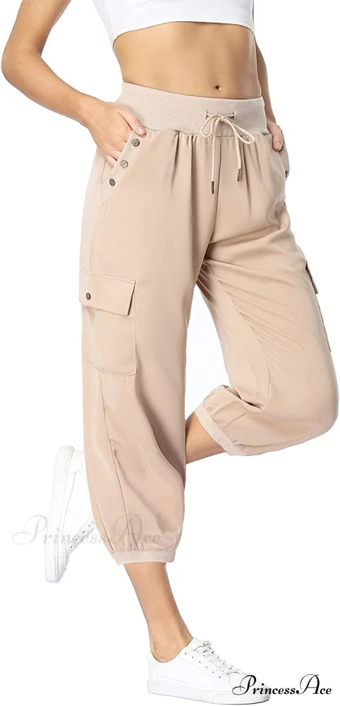 Loose Cropped Capris Cargo Joggers Pants Harem Sweatpants Khaki / X-Small