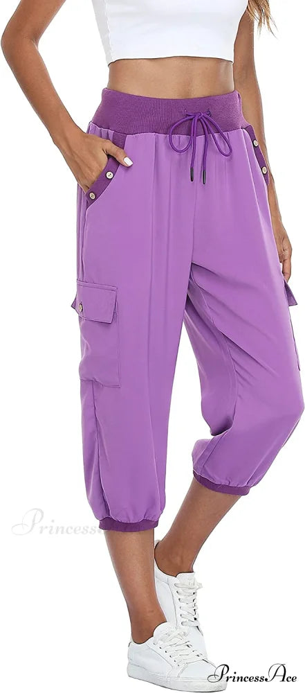 Loose Cropped Capris Cargo Joggers Pants Harem Sweatpants Light Purple / X-Small