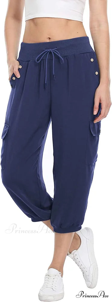 Loose Cropped Capris Cargo Joggers Pants Harem Sweatpants Navy Blue / X-Small