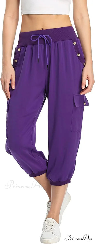 Loose Cropped Capris Cargo Joggers Pants Harem Sweatpants Purple / X-Small