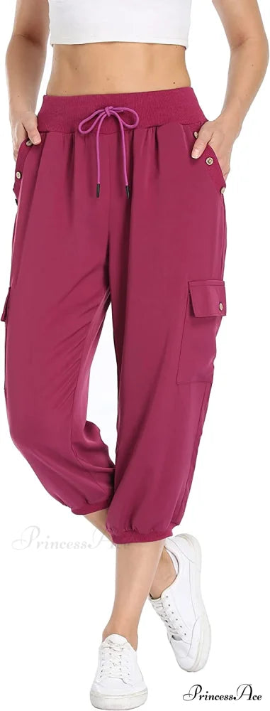 Loose Cropped Capris Cargo Joggers Pants Harem Sweatpants Rose Red / X-Small