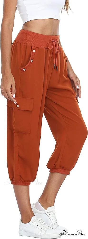 Loose Cropped Capris Cargo Joggers Pants Harem Sweatpants Yellowish Brown / X-Small