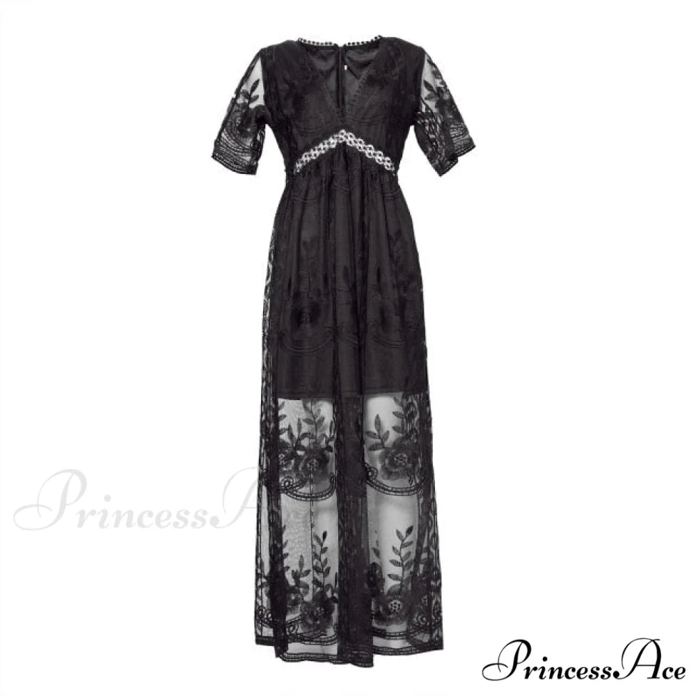 Loose Embroidery White Lace long Tunic Beach Dress Black / S