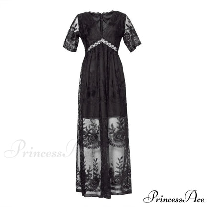 Loose Embroidery White Lace long Tunic Beach Dress Black / S