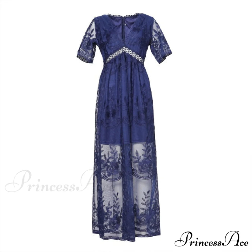 Loose Embroidery White Lace long Tunic Beach Dress Darkblue / S