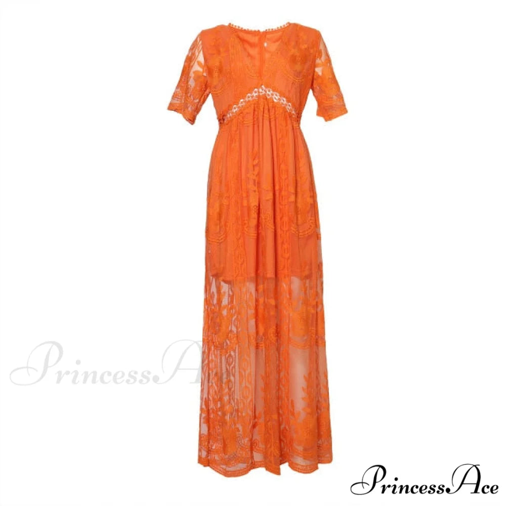 Loose Embroidery White Lace long Tunic Beach Dress Orange / S