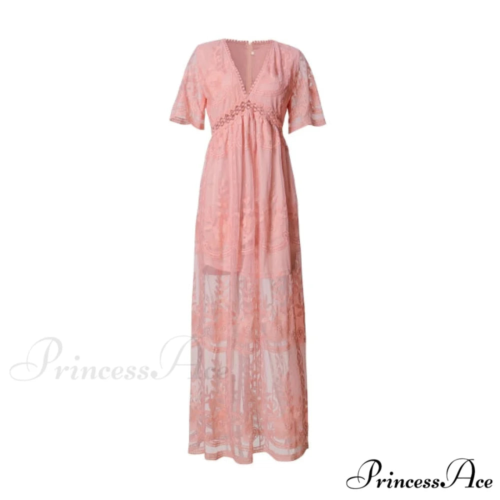 Loose Embroidery White Lace long Tunic Beach Dress Pink / S