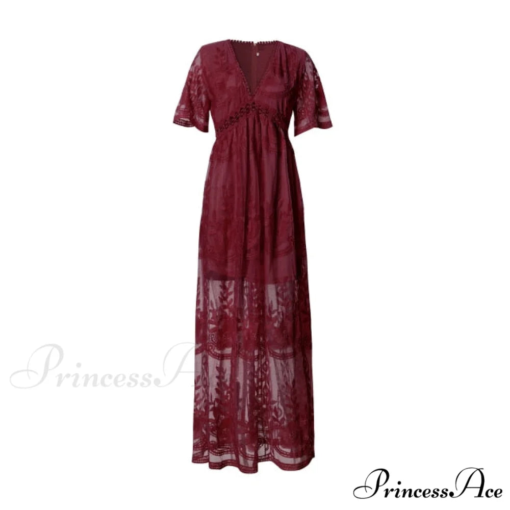 Loose Embroidery White Lace long Tunic Beach Dress Winered / S