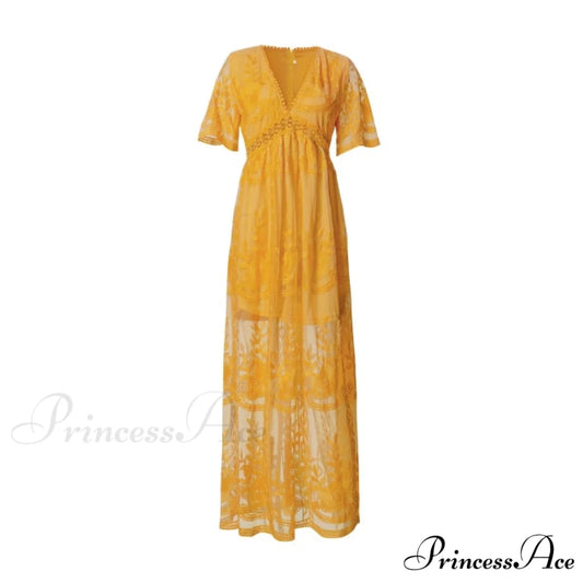 Loose Embroidery White Lace long Tunic Beach Dress Yelow / S
