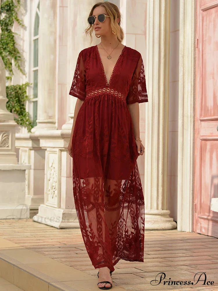 Loose Embroidery White Lace Maxi Boho Dress