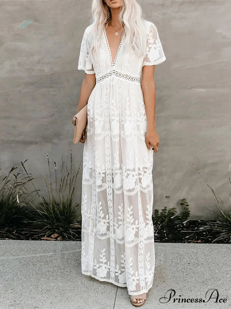 Loose Embroidery White Lace Maxi Boho Dress WHITE / S