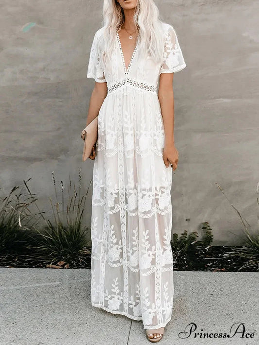 Loose Embroidery White Lace Maxi Boho Dress WHITE / S