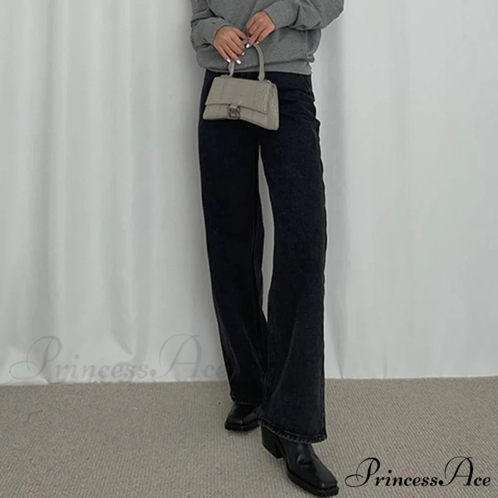 Loose High Waist Denim Straight Jeans Black / S