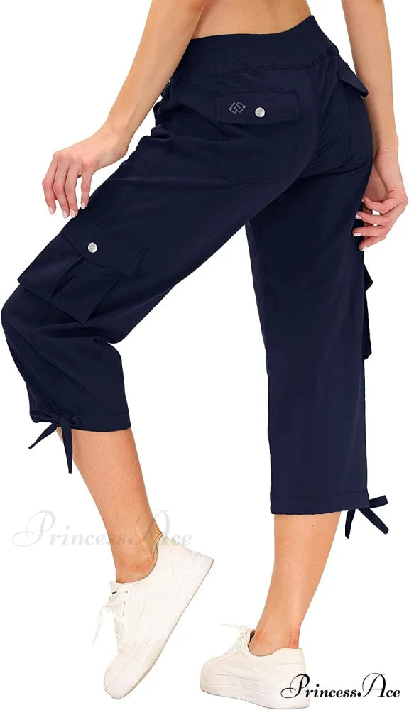 Loose Hiking Pants Lightweight Quick Dry Outdoor Cargo Capris 12-navy / Medium