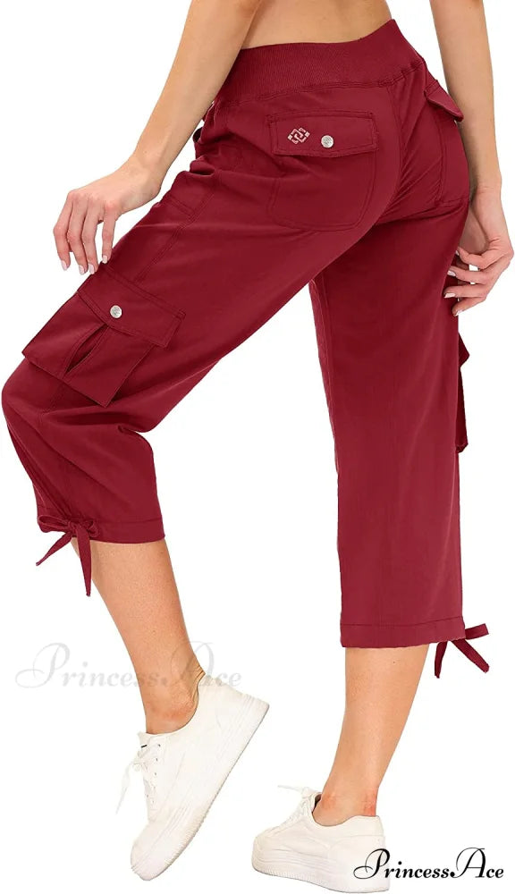 Loose Hiking Pants Lightweight Quick Dry Outdoor Cargo Capris 15-wine Red / Medium