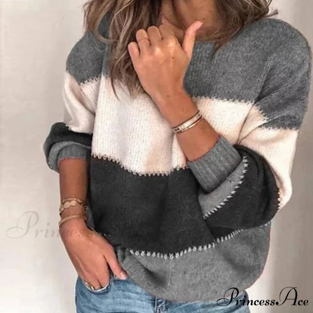 Loose Knitted Patchwork Striped Tops for Pullovers Women Gray / S