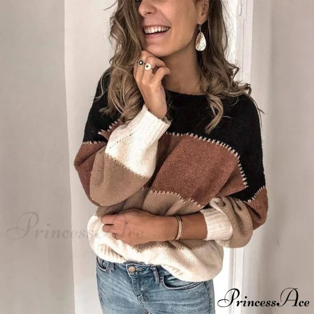 Loose Knitted Patchwork Striped Tops for Pullovers Women Khaki / S