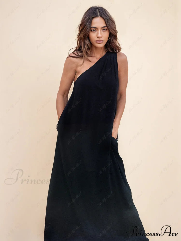 Loose One-Shoulder Sleeve Charming Pleated Pocket Dress